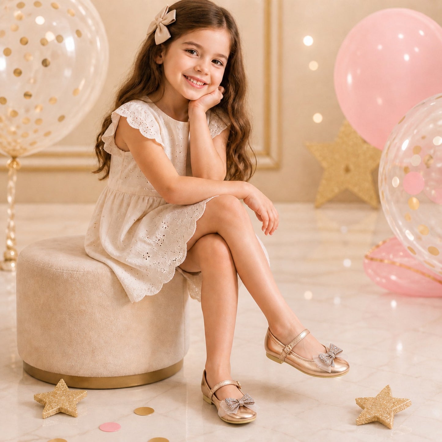 Balerinas Oro Rosa con Moño de Piedras para Niña Tallas 13-26