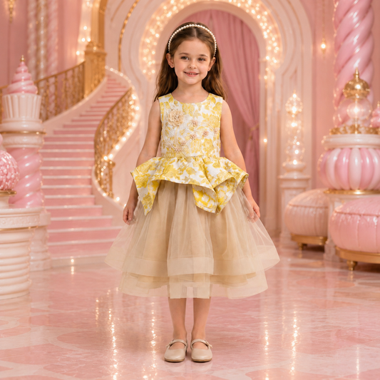 Vestido Niña Dorado Elegante con Detalles en el Pecho